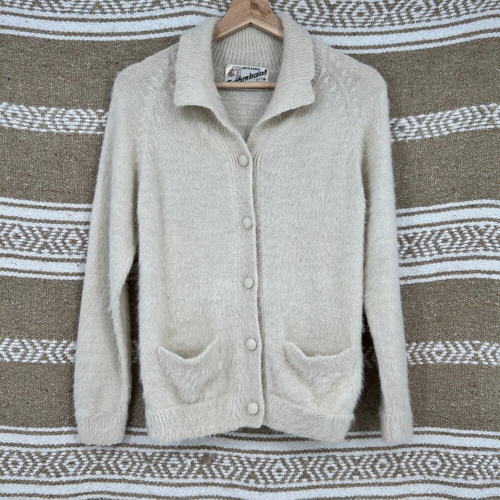 Vtg Artesania Textiform Incaico P Alpaca Wool Cardigan Peru Womens S Cream FLAW